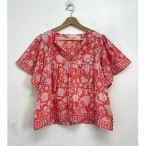 Marea Coastal Boho Block Print Floral Short-Sleeve Boxy Crop Cotton Blouse - Med